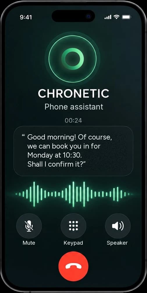 A phone in a call with Chronetic, phone assistant. The assistant replies: “Good morning! Of course, we can book you in for Monday at 10:30. Shall I confirm it?”
