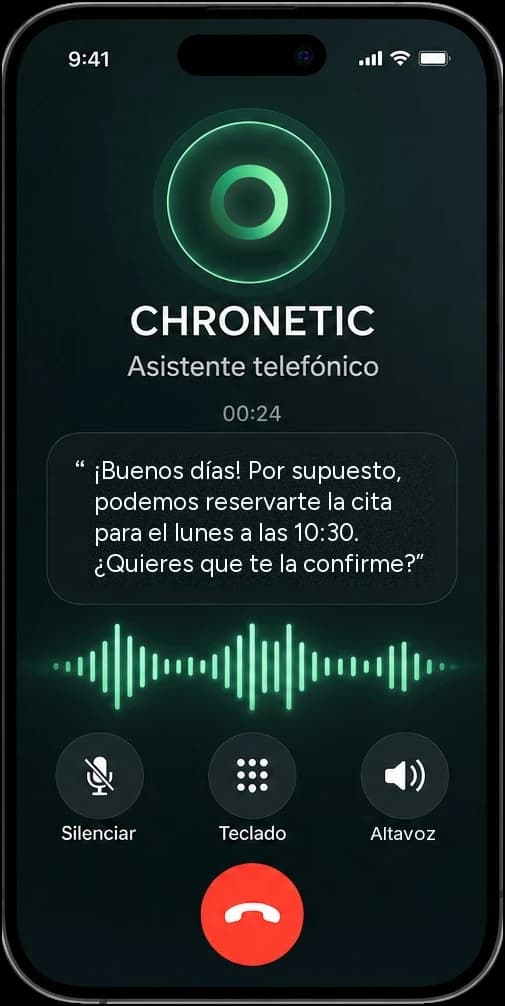 Móvil en una llamada con Chronetic, asistente telefónico. El asistente responde: «¡Buenos días! Por supuesto, podemos reservarte la cita para el lunes a las 10:30. ¿Quieres que te la confirme?»