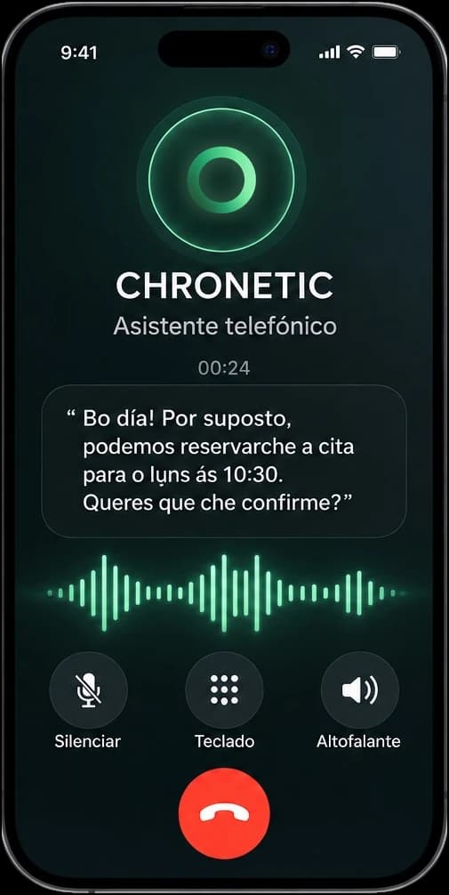 Móbil nunha chamada con Chronetic, asistente telefónico. O asistente responde: «Bo día! Por suposto, podemos reservarche a cita para o luns ás 10:30. Queres que che confirme?»