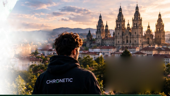 A young man in a Chronetic hoodie looks at the cathedral of Santiago de Compostela at sunset