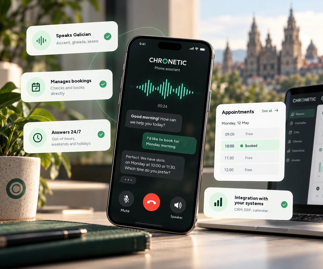 A phone with Chronetic taking a call to book an appointment, next to the appointments calendar and cards with what it does: speaks Galician, manages bookings, answers 24/7 and integrates with your systems.